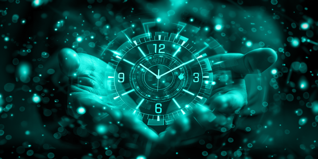 Clock held by a trader in a dark background with turquoise accent.